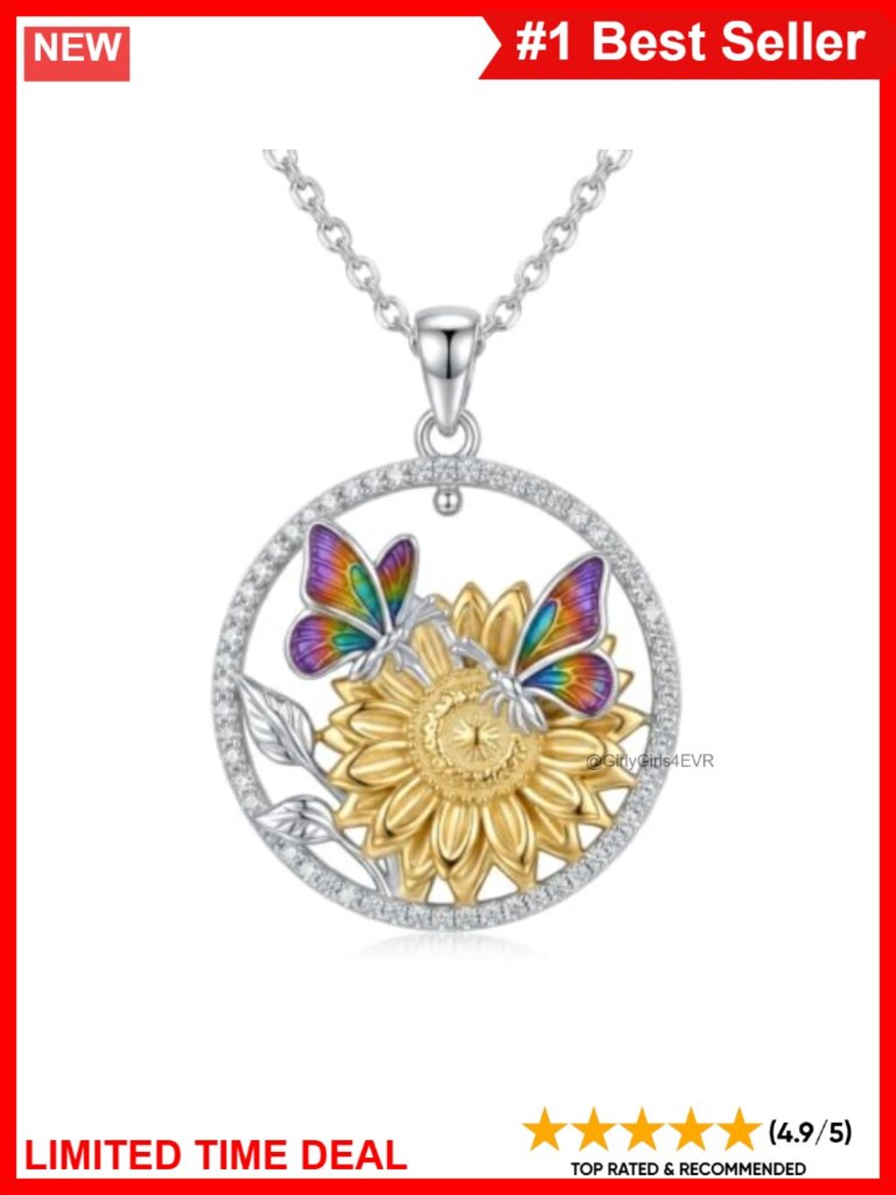 925 Sterling Silver Sunflower Butterfly Pendant Necklace 21mm Women's